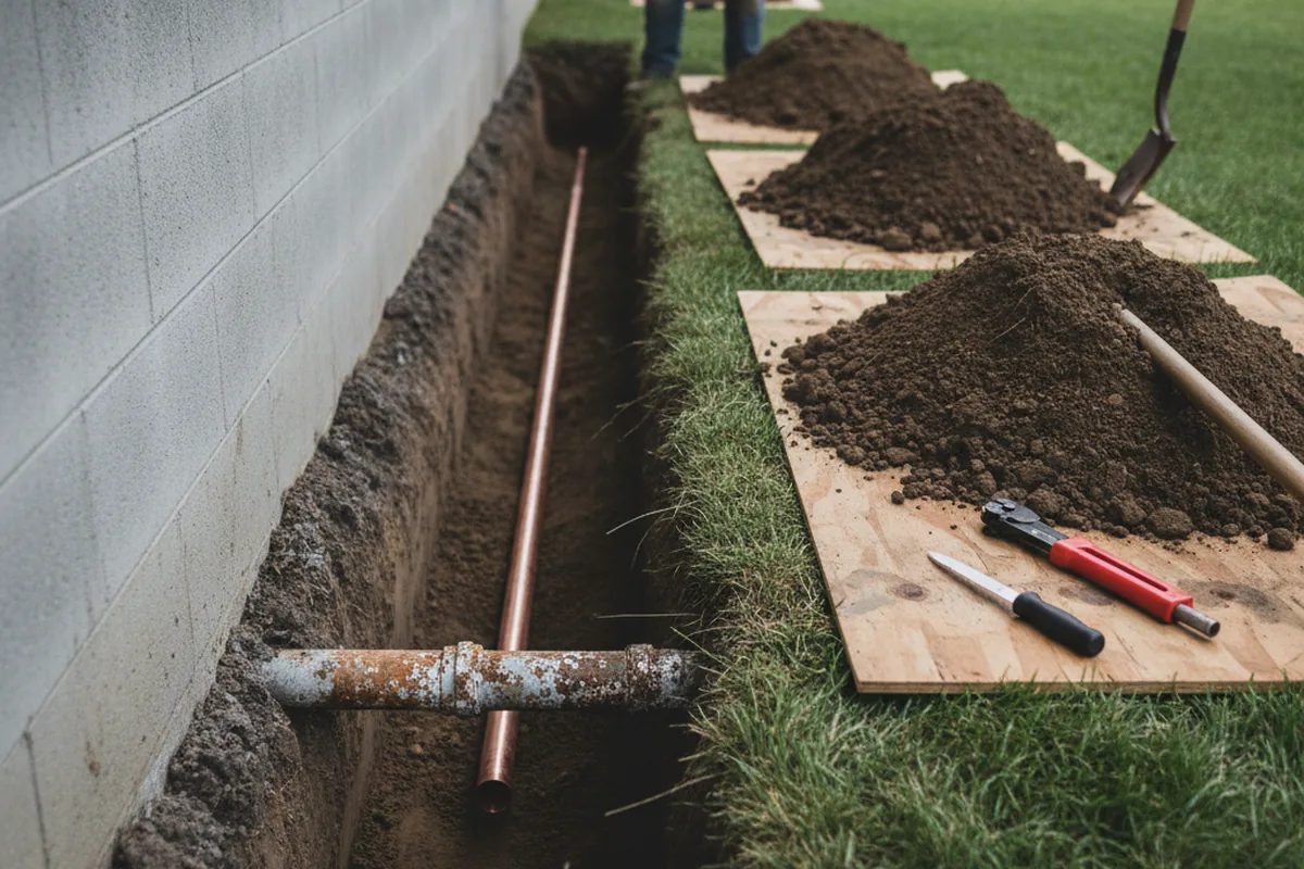 Excavated water line trench during Water Softener Installation in Chaplin